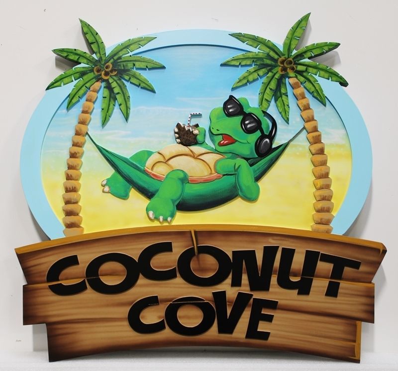 L21666A - Carved 2.5-D Multi-level Relief HDU Beach House Name Sign "Coconut Grove"m with Turtle in Hammock between Two Palm Trees