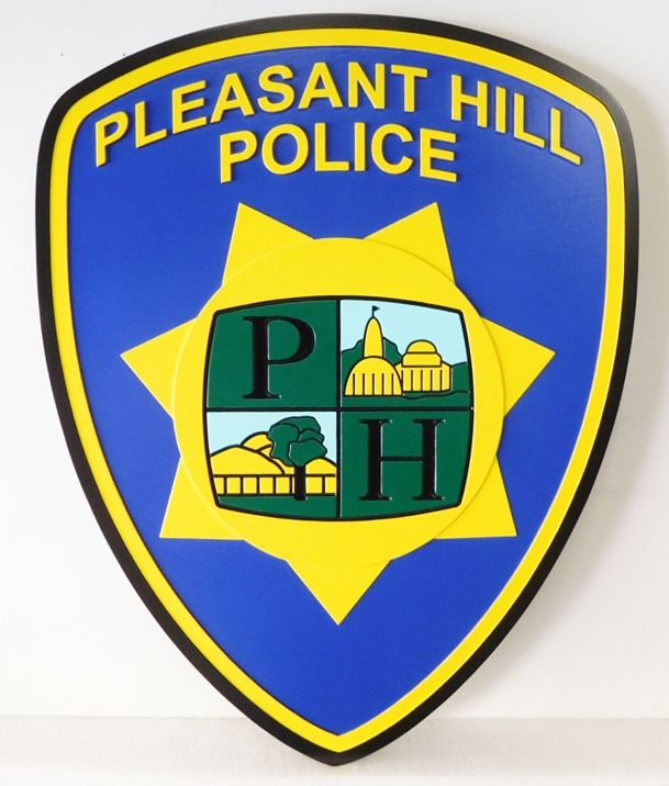 PP-2050 - Carved  Wall Plaque of the Shoulder Patch of the Pleasant Hill Police,  N.Y., Artist Painted