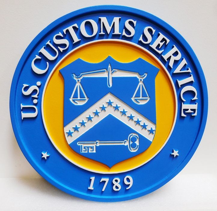 AP-4695 - Carved Plaque of the Seal of the U.S. Customs Service, 2.5-D Engraved Artist-Painted