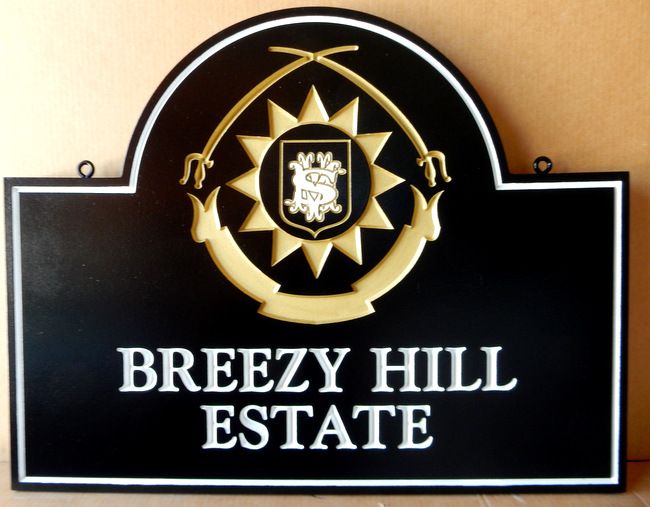 I18170- Elegant Carved  and Engraved  Estate Name  Sign, with Coat-of-Arms, for "Breezy Hill Estate"