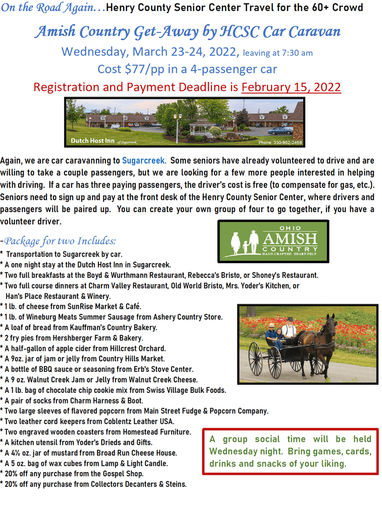 Amish Overnight March 23-24 (Registration deadline Feb. 15)