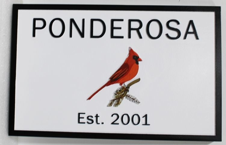 MM2802 - Carved 2.5-D  Relief HDU Property Name Sign "Ponderosa" , with Artist-Painted Cardinal Bird