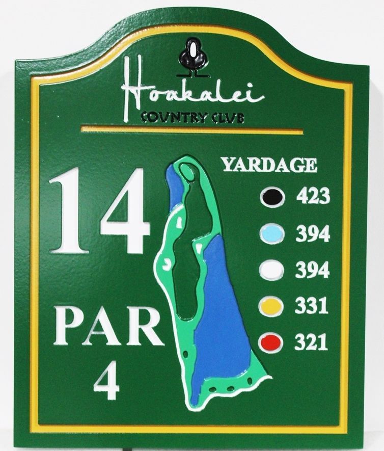 E14382- Carved HDU Golf Course Tee Sign for the Hoakalei Country Club. with Hole Layout and Yardages
