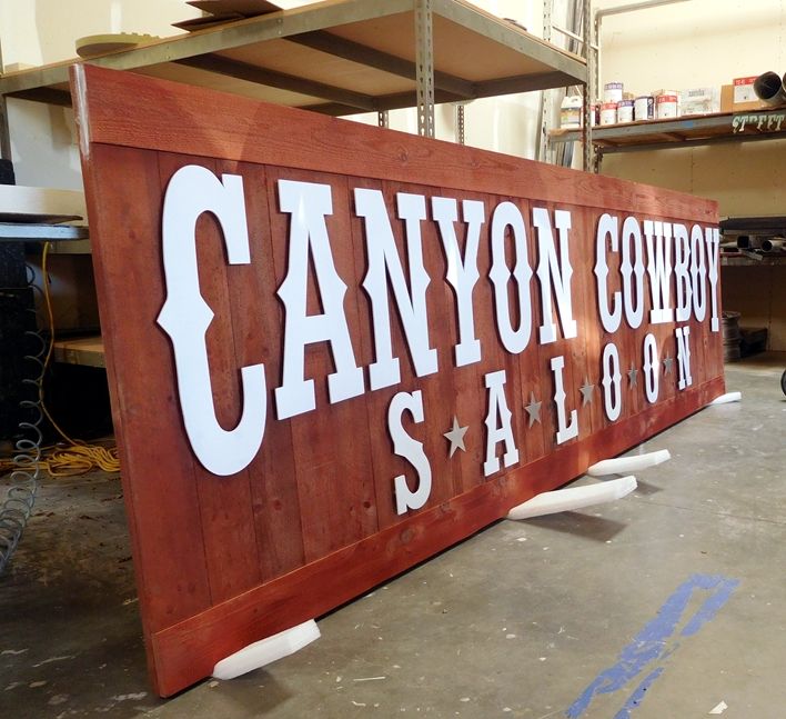 RB27103-  Cedar Wood Rustic Western Canyon Cowboy Saloon" Sign, with Cut-Out Letters (Side View)