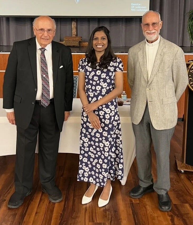 The three speakers who addressed in vitro fertilization at St. Joan of Arc in Boca Raton were Dr. Anthony Dardano, left, Sherin George and Father Alfred Cioffi, right.