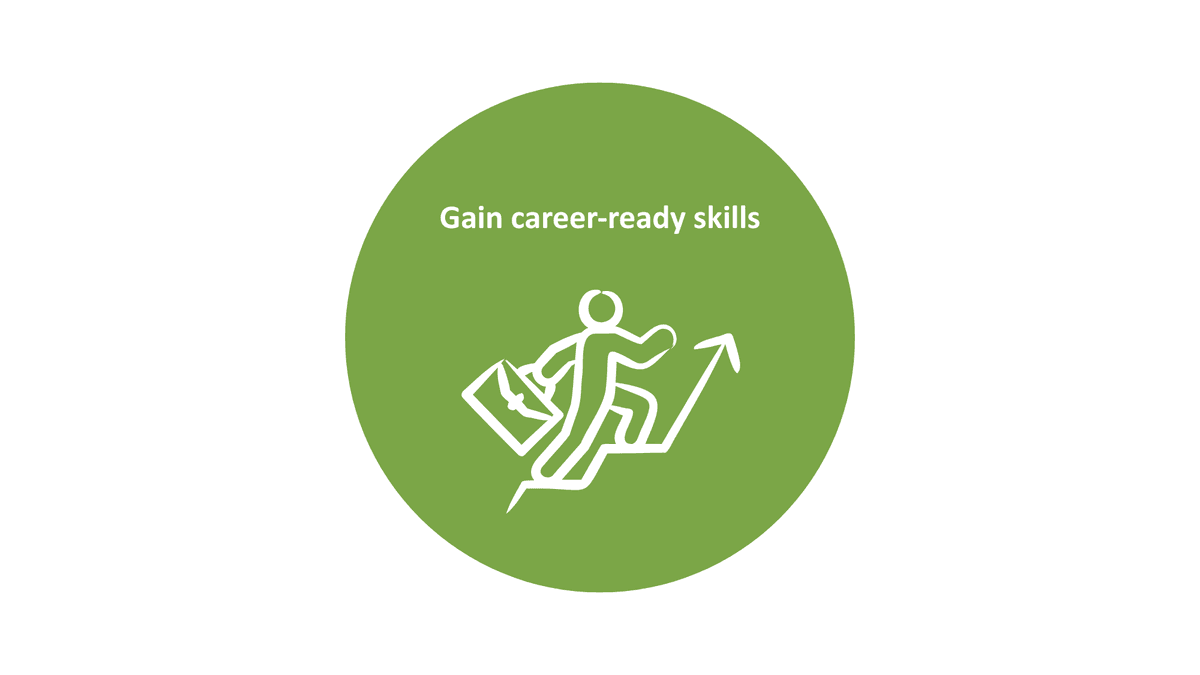 Circle with an employee walking up stairs icon with the text: Gain career-ready skills