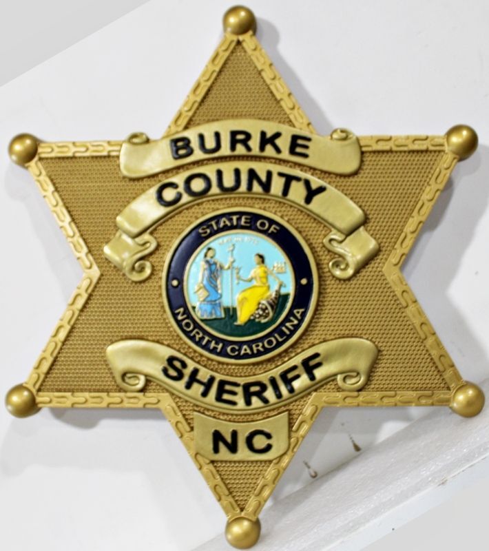 PP-1825 - Carved 3-D Multi-Level Artist-Painted Wall Plaque Badge of the Sheriff's Office of Burke County, North Carolina