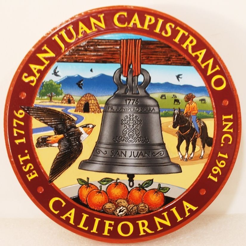 DP-2060 - Small Carved  Engraved Artist-Painted Plaque of the Seal of the City of San Juan Capistrano