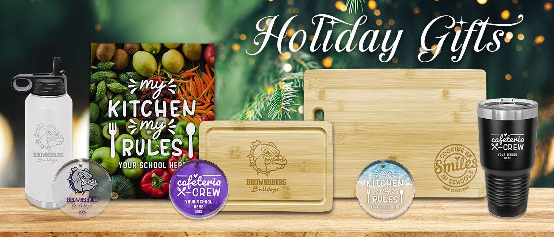 Custom holiday gifts for school cafeteria crew featuring personalized cutting boards, ornaments, tumblers, and kitchen-themed canvases.