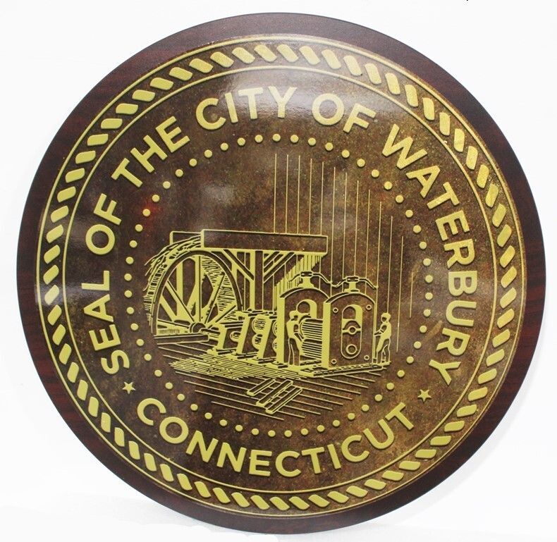 DP-2332 - Carved 2.5-D Multi-level HDU Plaque of the Seal of the City of Waterbury, Connecticut ,  Artist-Painted