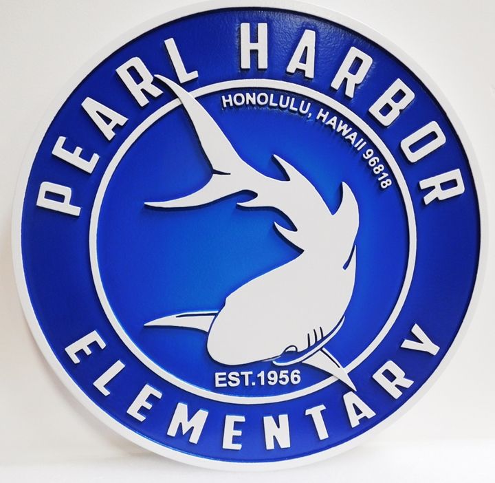FA15753 - Carved  HDU Round Entrance Sign for the  " Pearl Harbor Elementary School",  with Shark  Logo as Artwork