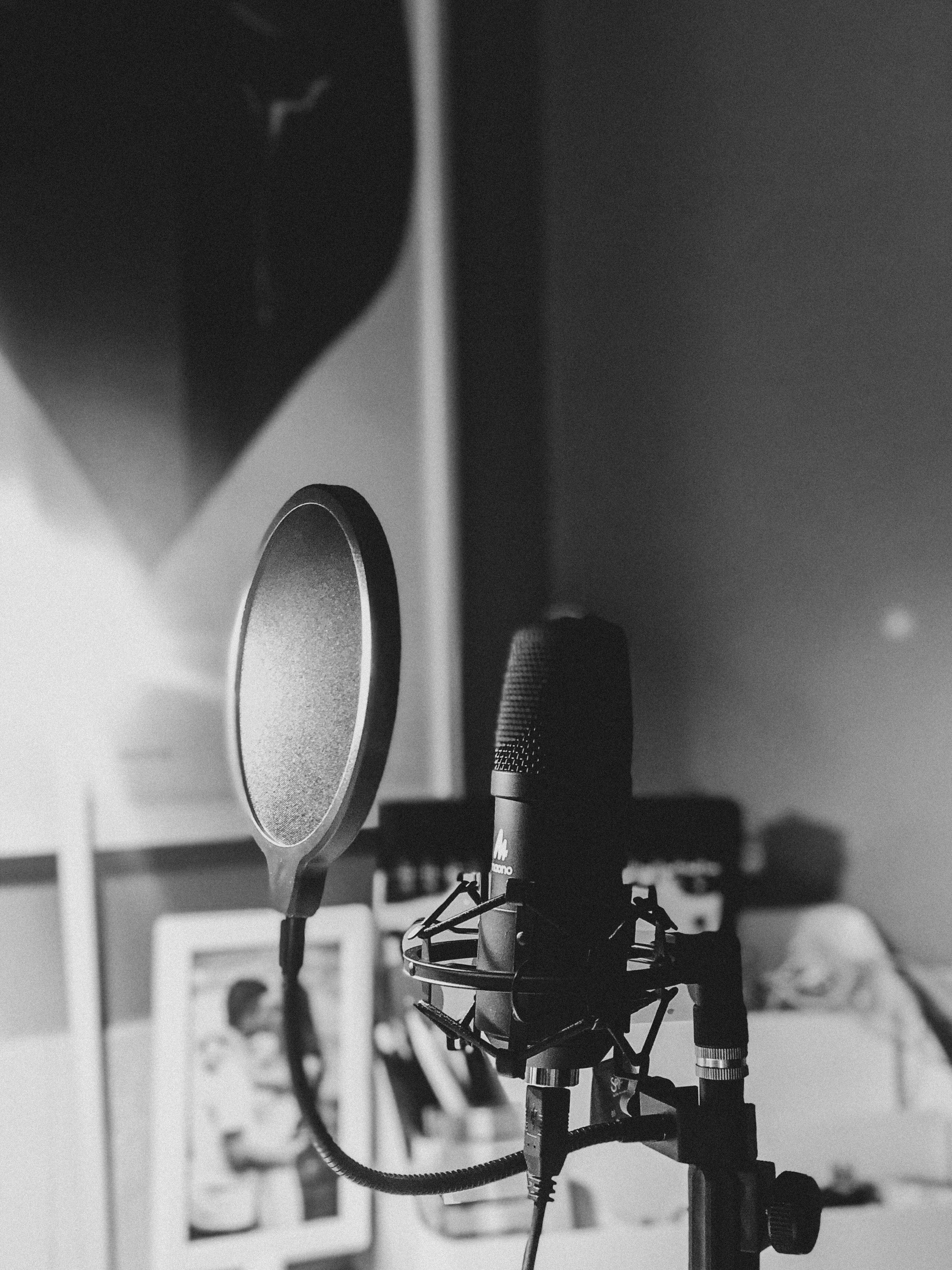 Black and white image of a microphone with a pop filter