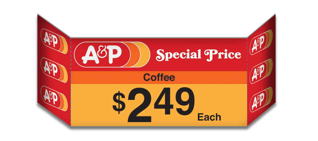 Printed cardboard A&P grocery aisle end cap with logos and text - Special Price - Coffee - $2.49 Each