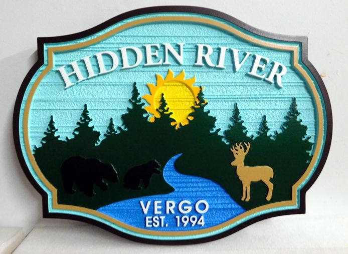 M22384 - Carved and Sandblasted HDU Sign for "Moon River View" Cabin with River, Evergreen Forest, Deer and Setting Sun