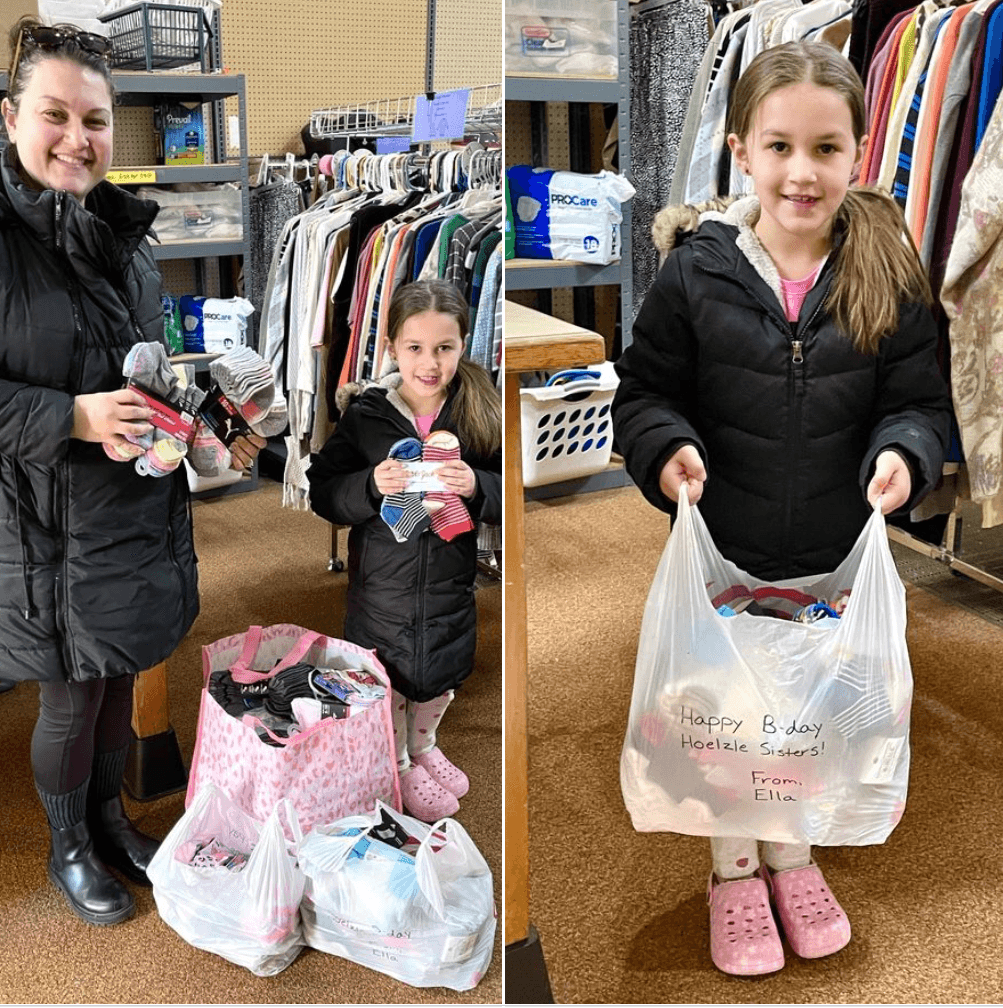 The Hoelzle Sisters asked for socks for their birthdays, then donated the 300 pairs of children's socks to Helping Hands of St. Louis, a ministry of Catholic Charities Diocese of Toledo!