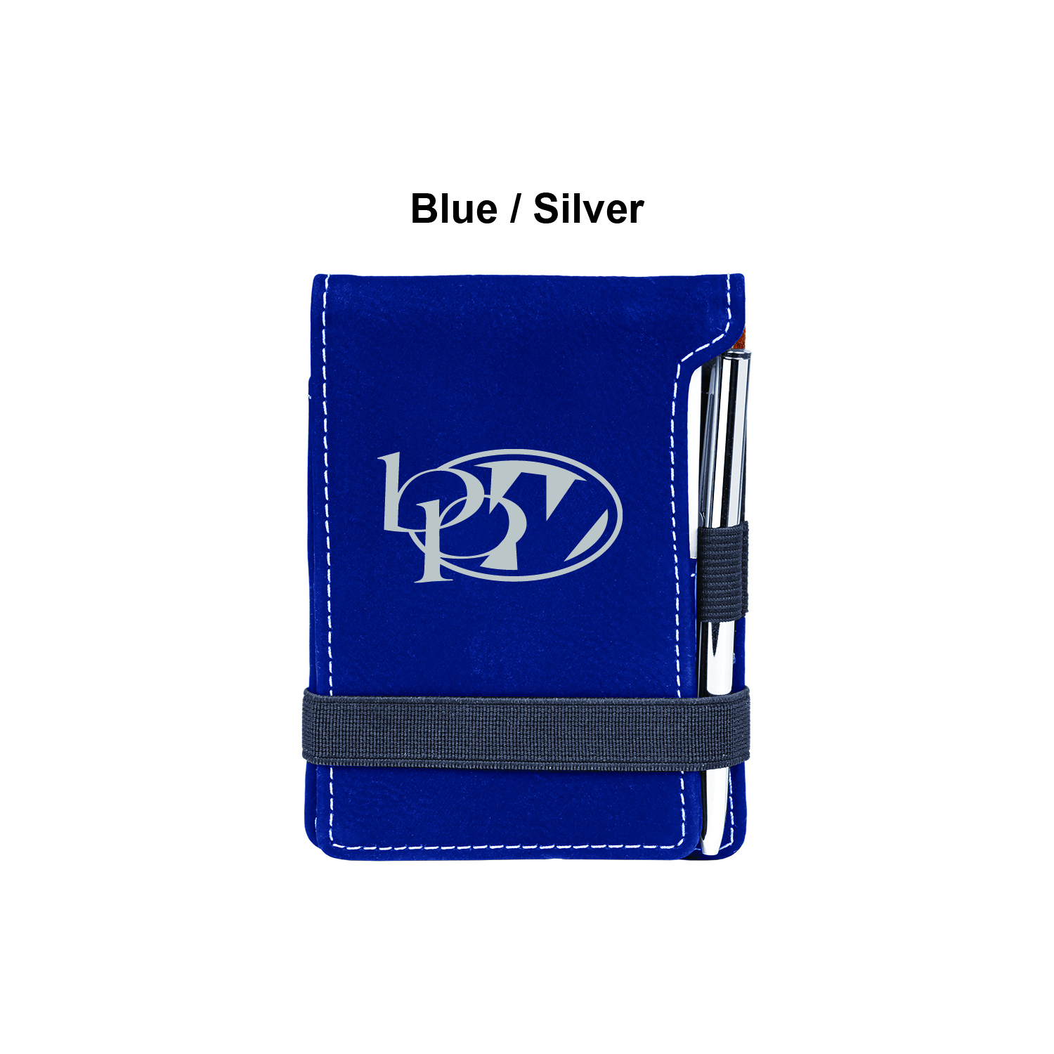 Blue/Silver Laserable Leatherette Mini Notepad with Pen