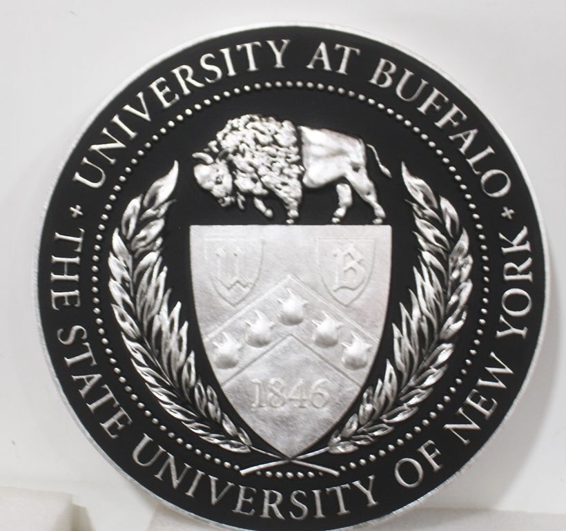 RP-1864 - - Carved Wall Plaque of  the Seal of the State University of New York at Buffalo, Silver Leaf Gilded