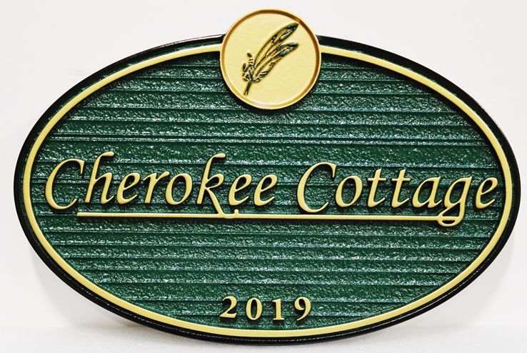 I18819 - Natural-looking Carved and Sandblasted Wood Grain  High-Density-Urethane (HDU)  Property Name Sign   "Cherokee Cottage", with Two Feathers as Artwork