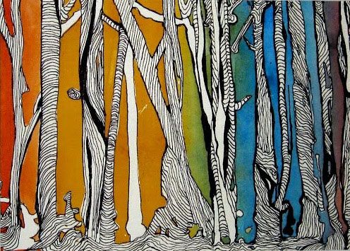 Trees 1, watercolor and ink, 4-1/2" x 6-1/2""