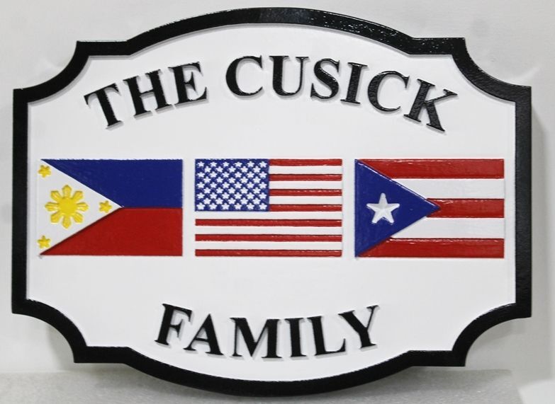 I18801A -  Carved Property Name sign for "The Cusick Family" Residence, with Three flags as Artwork