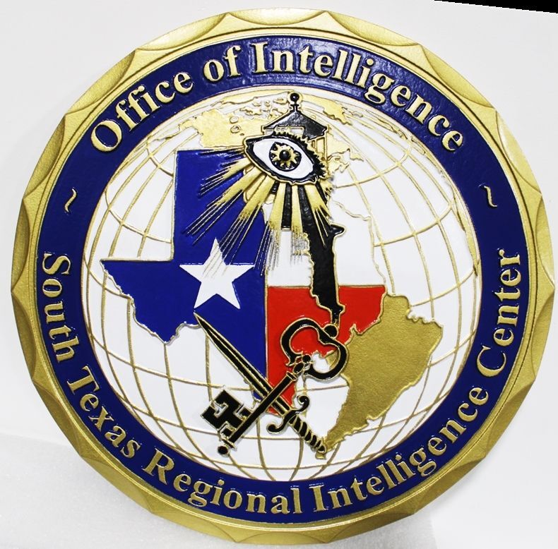 BP-1522 - Carved 2.5-D Milti-Level Relief HDU Plaque of the Seal of the Office of Intelligence for the State of Texas, Artist-Painted 