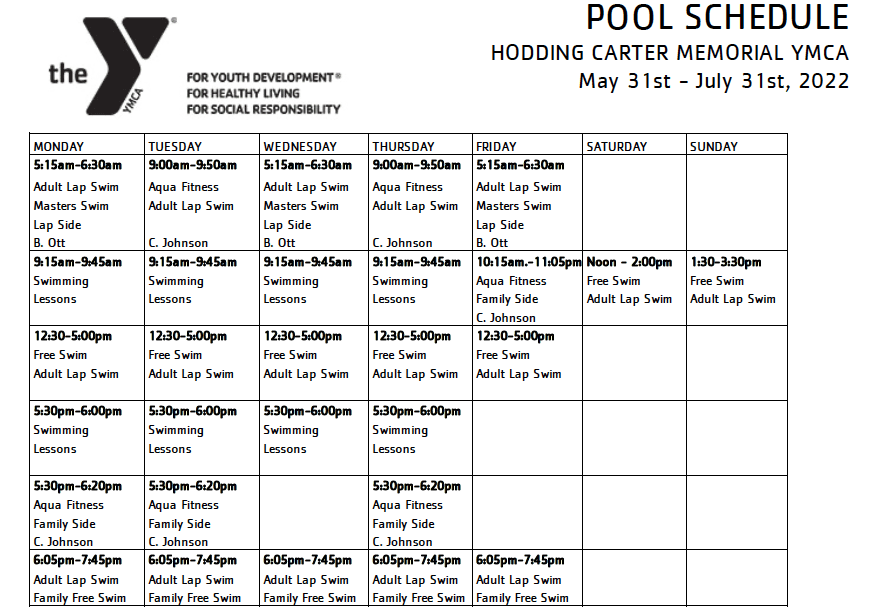 CLICK FOR PRINTABLE CURRENT POOL SCHEDULE