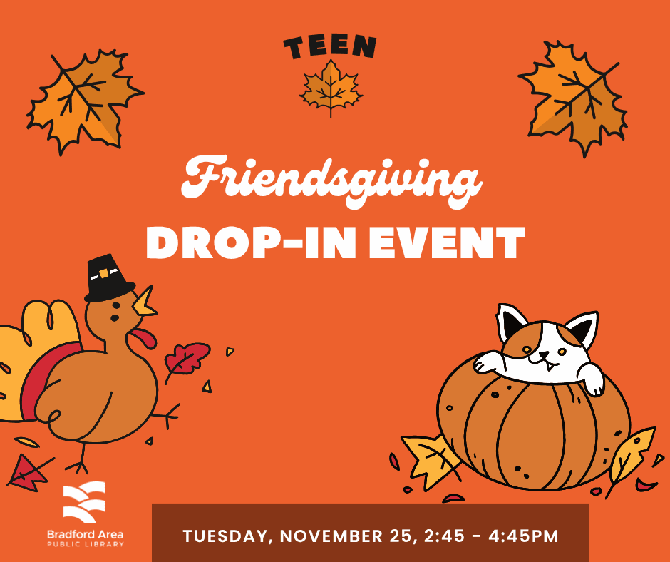 Cartoon turkey in a pilgrim's hat on an orange background with fall leaves.