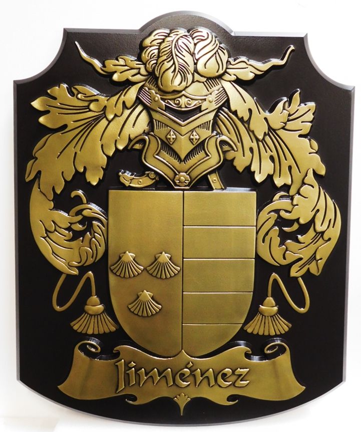 XP-1059 - Coat-of-Arms with Helmet, Shield, Flourishes, and Banner, for the Jimenez Family, 3D Brass-Plated with Black Patina