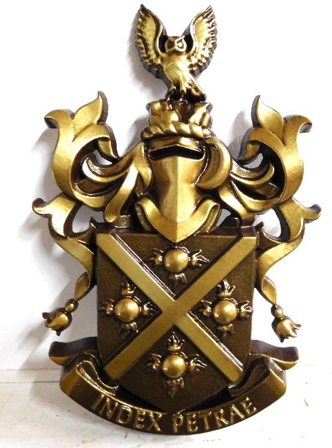 X34523 - Coat-of-Arms Wall Plaque Carved in 3-D Bas Relief, Polished Brass Metal