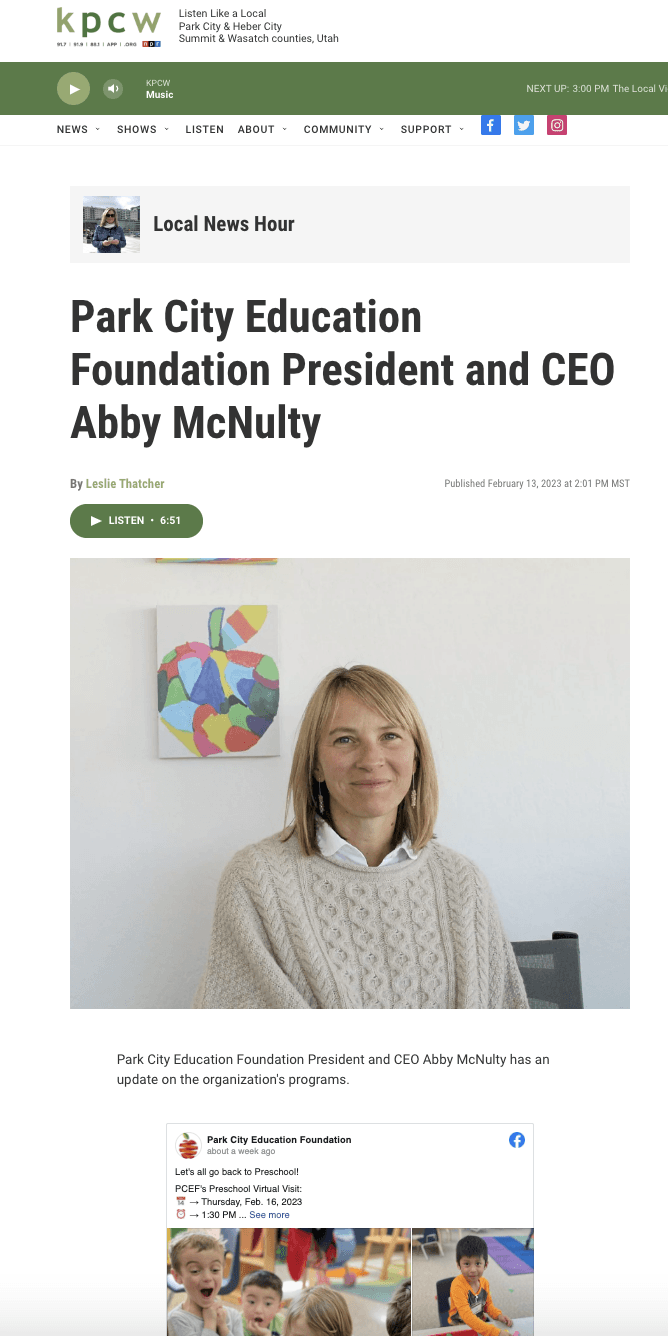 KPCW Local News Hour: Park City Education Foundation President and CEO Abby McNulty