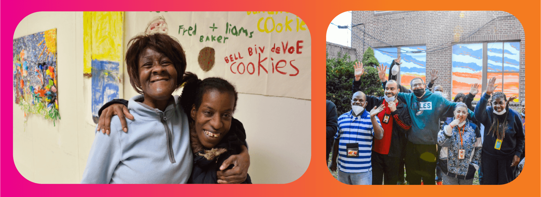 Left photo, two program participants posing and smiling for a photo. Right photo, a group of participants smile and wave while standing in a outdoor space