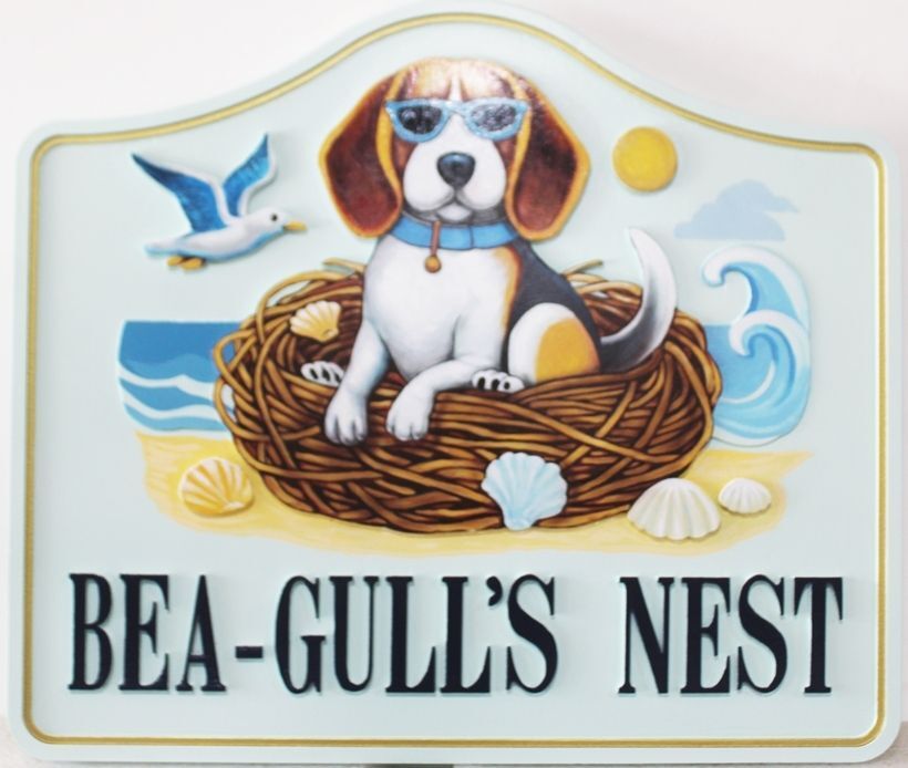 MB2011 - Carved Artist-Painted Sign of  a Puppy at the Seashore, "Bee -Gull's Nest"