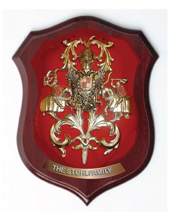 XP-2100 - Carved Shield Wall Plaque of Family Coat-of-Arms / Crest, Brass Plated with Mahogany Wood 