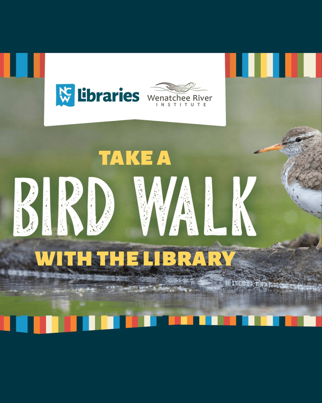 Graphic of bird on the water with logos of NCW Libraries and Wenatchee River Institute