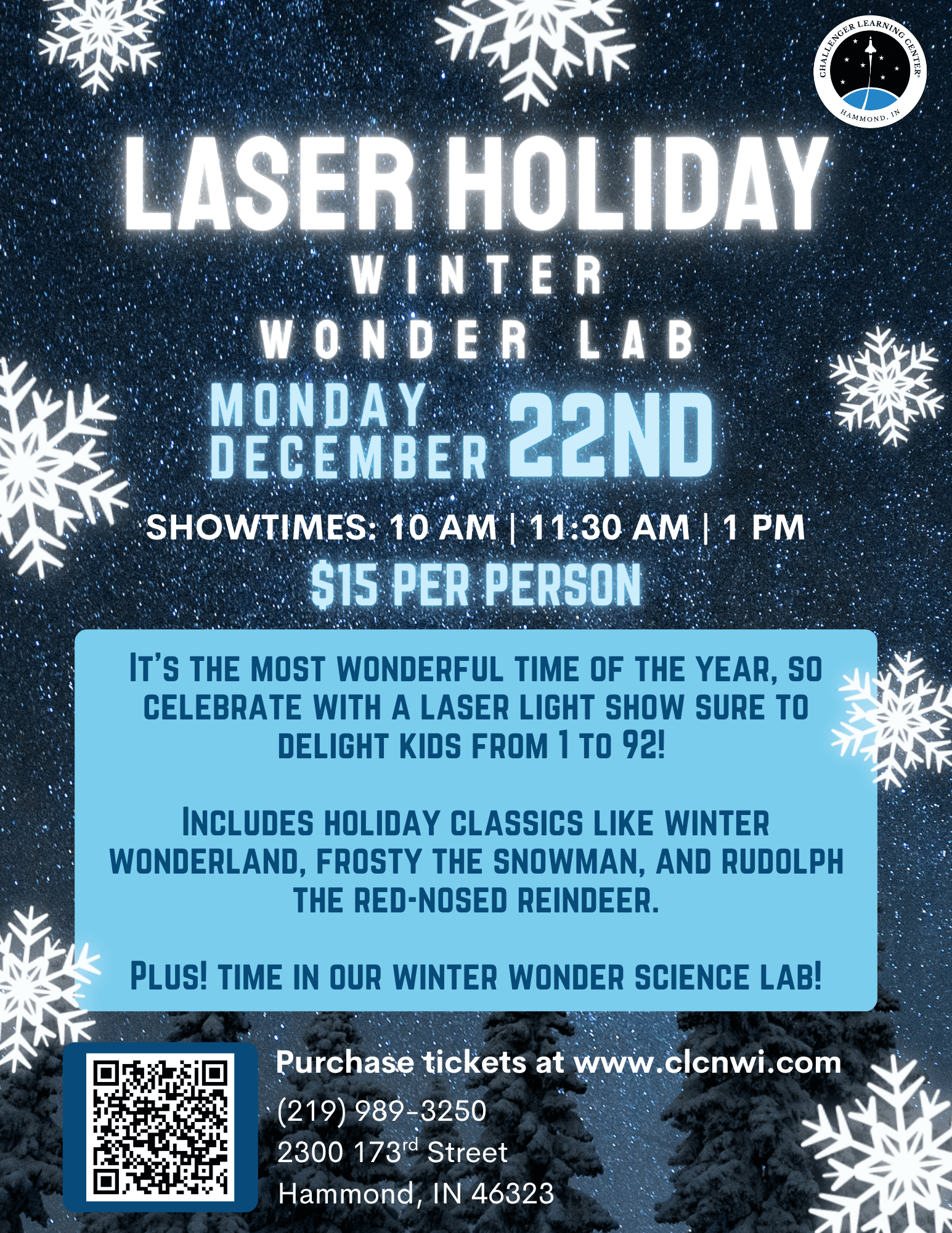 Flier for Laser Holiday light show, holiday, festive fun for the whole family, right before the holidays and it includes science lab activities.
