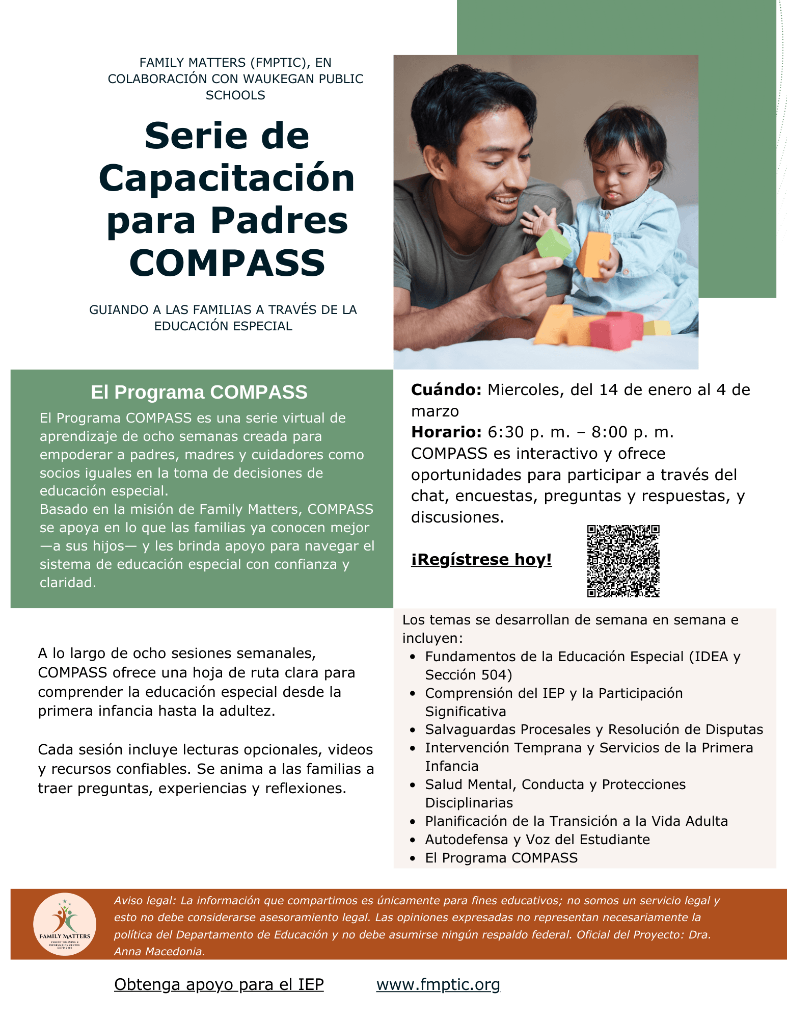 Volante en español de la Serie de Capacitación para Padres COMPASS de Family Matters (FMPTIC), en colaboración con Waukegan Public Schools. El volante muestra a un padre jugando con un niño pequeño usando bloques de colores. El texto explica que COMPASS e