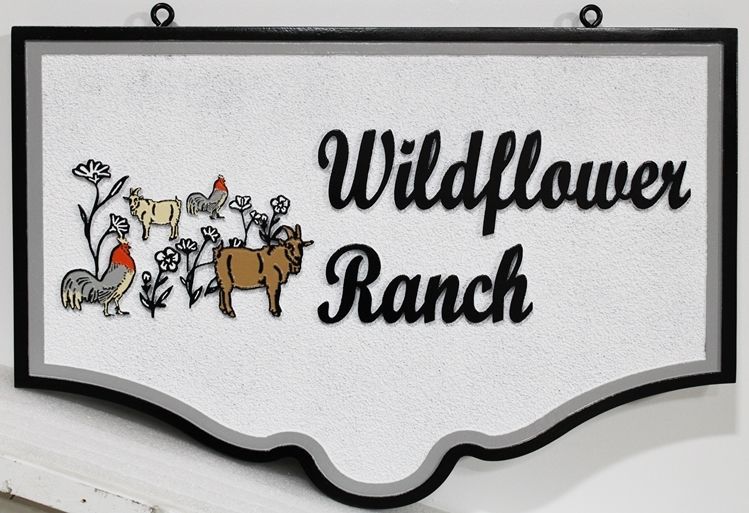 O24731 - Carved and Sandblasted HDU Sign for the Wildflower Ranch, with Farm Animals and Wildflowers as Artwork