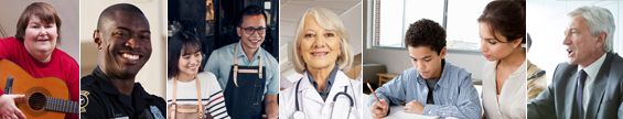 six pictures in a row: woman with guitar, man smiling, restaurant employees smiling, doctor, woman helping child with studies, businessman