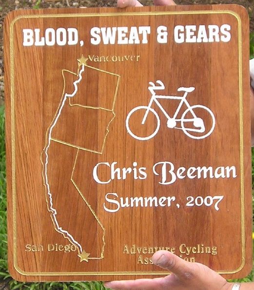 N23028 - Carved Wood Bicycling Award Plaque "Blood Sweat Gears" Adventure Cycling Association, Cycling Route Map, Bicycle