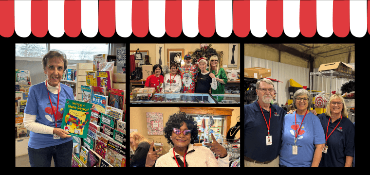 Shopping for Good, where every purchase gives back to the community. pictures of volunteers working for that common good.