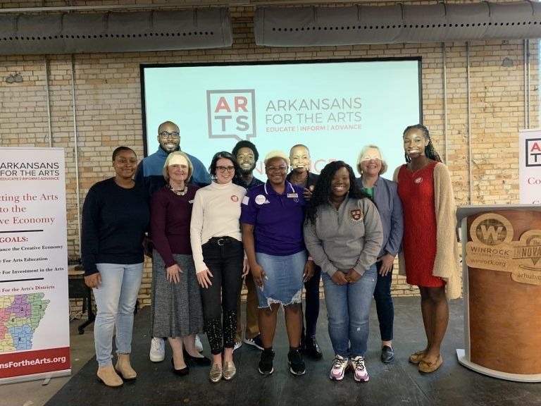 Members of the UCA Students for the Arts chapter take a group photo with Arkansas state senator, Joyce Elliot at an Arts Town Hall Meeting.