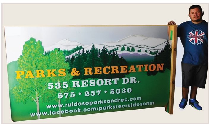 G16206 - Carved  HDU Sign for Parks and Recreation Showing Mountains and Trees