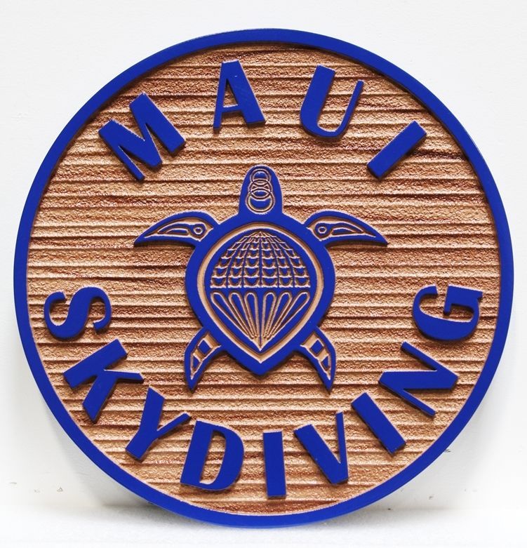 L21665 - Carved and Sandblasted Wood Grain  HDU "Maui Skydiving" Sign, with Sea Turtle as Artwork 