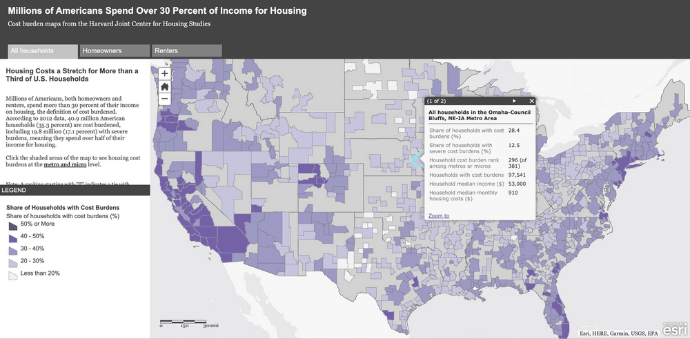 A purple tinted map shows a highlighted lightbox section that says "Millions of Americans Spend Over 30 Percent of Income for Housing"