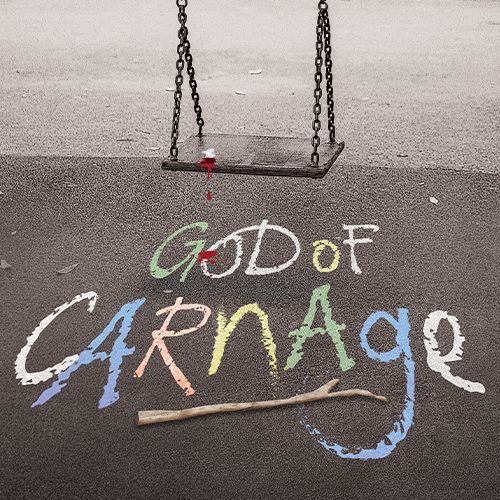 A picture of God of Carnage logo. There’s a playground surface with a title with multi colored fonts that reads, “The God of Carnage” on the ground with a stick. There is also a swing with a paint stain on it. 
