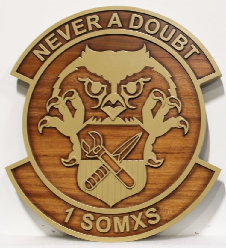 LP-3974 - Carved 2.5-D Multi-Level Raised Relief Mahogany Plaque of the Crest of the 1st Special Operations Maintenance Squadron (1 SOMXS), "Never a Doubt"
