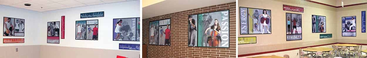 3 pictures of fitness murals in school hallways, custom signs, school sign company