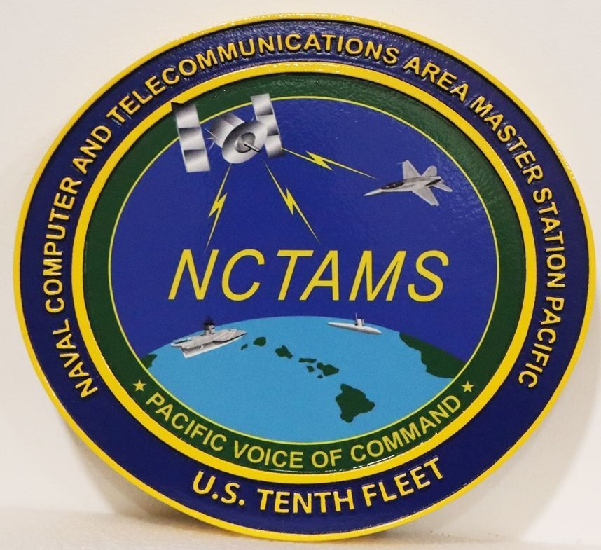 JP-1273 - Carved 2.5-D Multi-Level Artist-Painted Plaque of the Seal for the Naval Computer & Telecommunications Area Master Station Pacific, US Tenth Fleet
