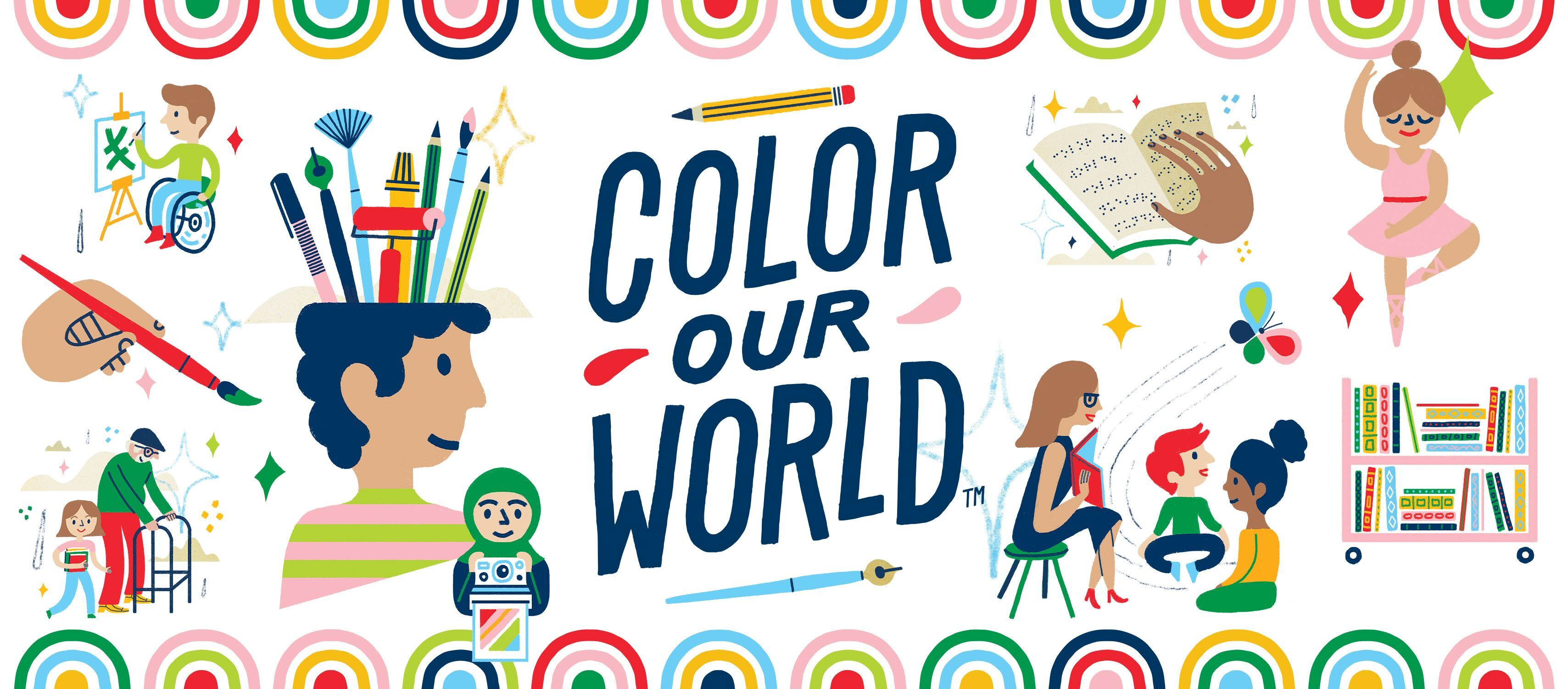 A Color Our World banner featuring kids participating in all types of creative work: painting, storytelling, performing, photography, etc.