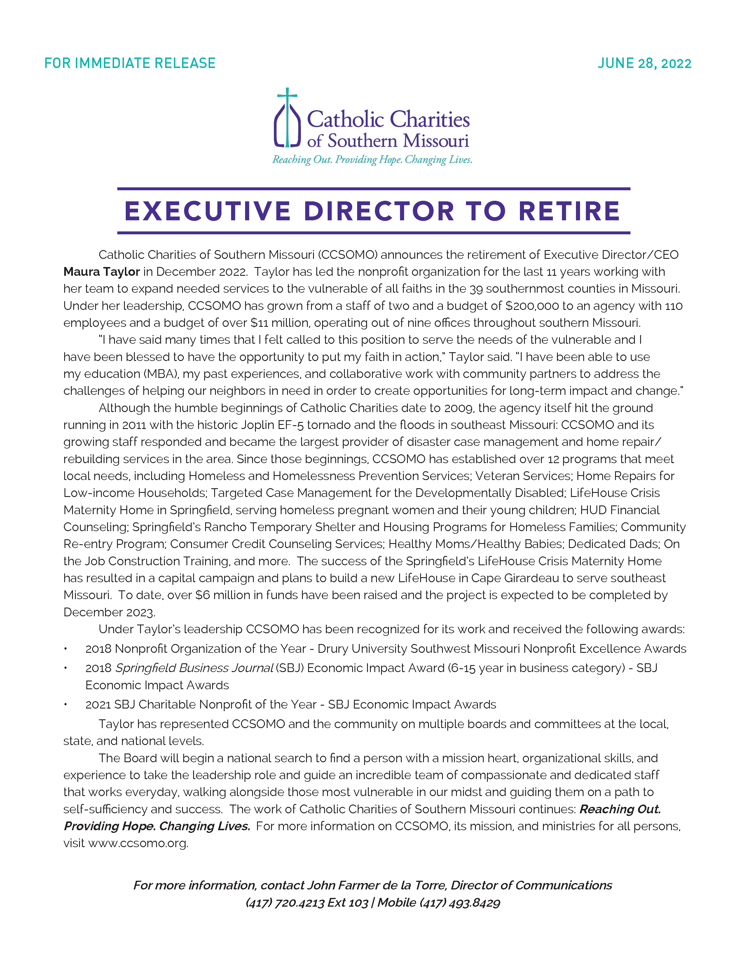 PRESS RELEASE - Executive Director Maura Taylor to Retire in December 2022